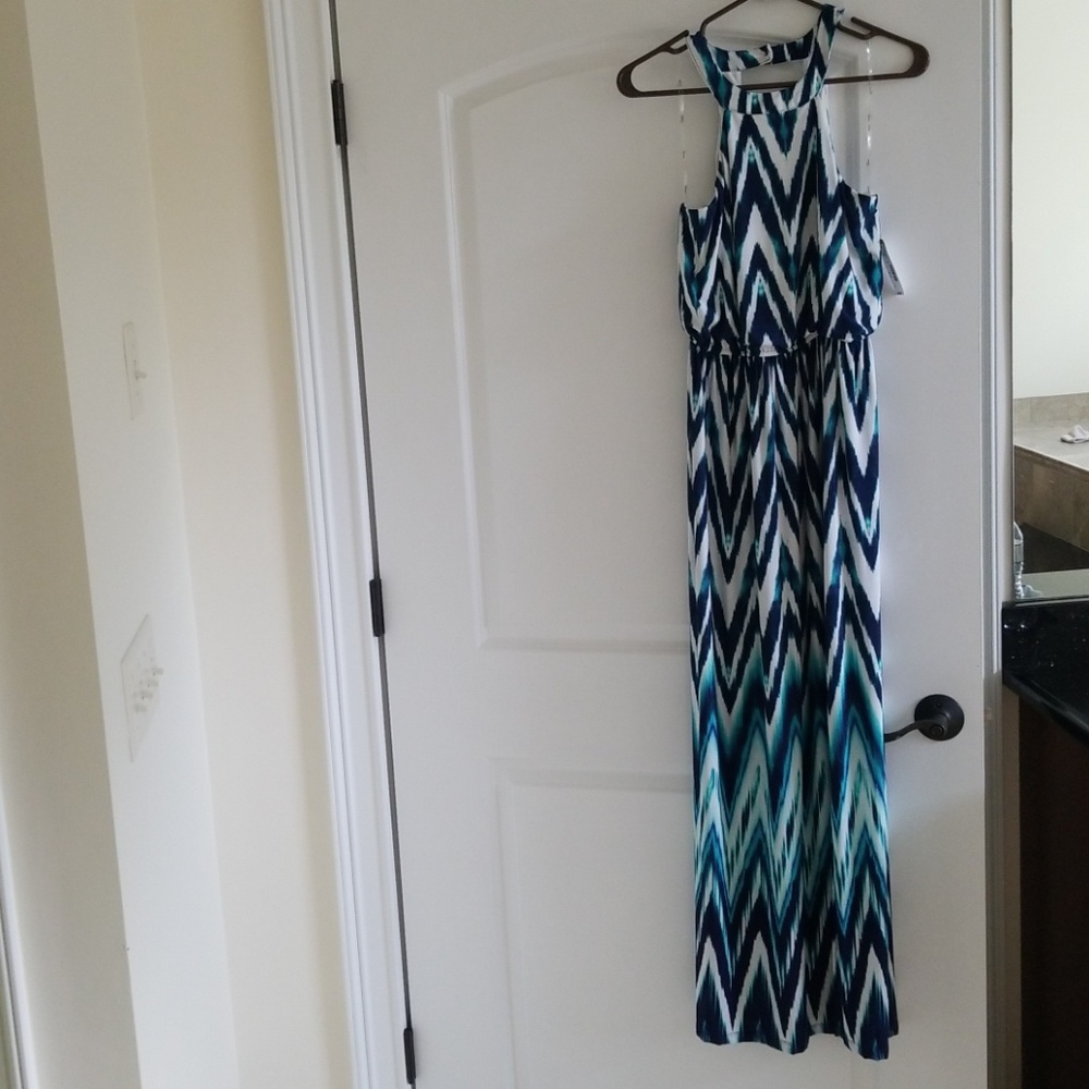 Teal, blue and white maxi dress with keyhole